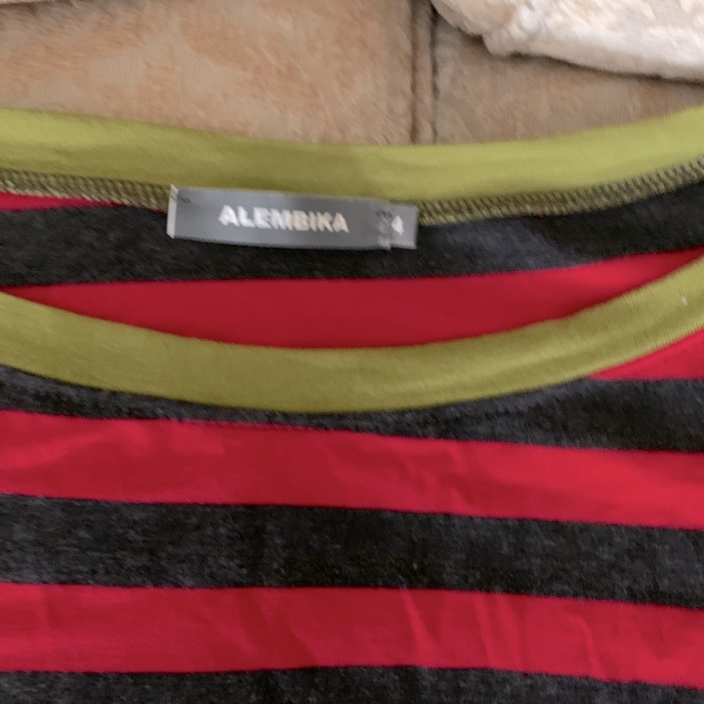 Red & charcoal grey stripe tunic with lime accents